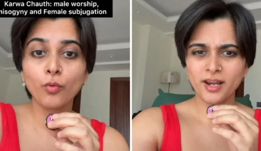 Woman observing Karwa Chauth during a discussion about gender equality and traditional fasting rituals