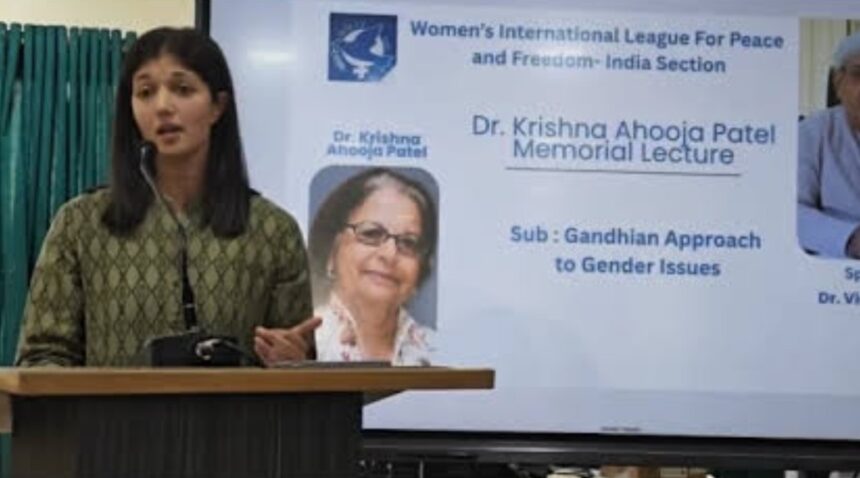 Nia Patel speaking at Krishna Ahooja-Patel’s memorial lecture in Ahmedabad