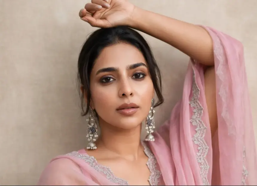 Aishwarya Lekshmi in a pink ethnic ensemble with silver jewellery