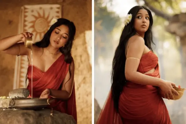 Rust red saree styled with elegant jewellery for a festive occasion