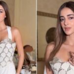 Ananya Panday wearing a white Gaurav Gupta gown with silver embellishments