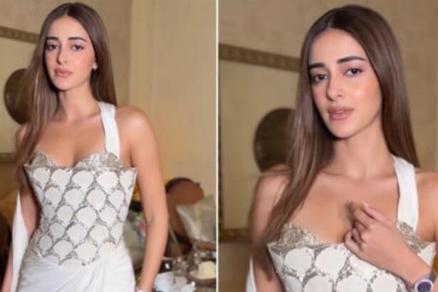 Ananya Panday wearing a white Gaurav Gupta gown with silver embellishments
