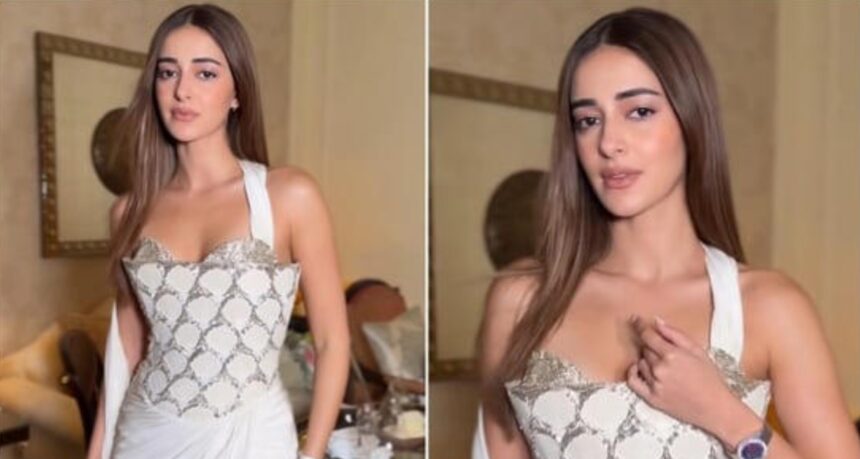 Ananya Panday wearing a white Gaurav Gupta gown with silver embellishments