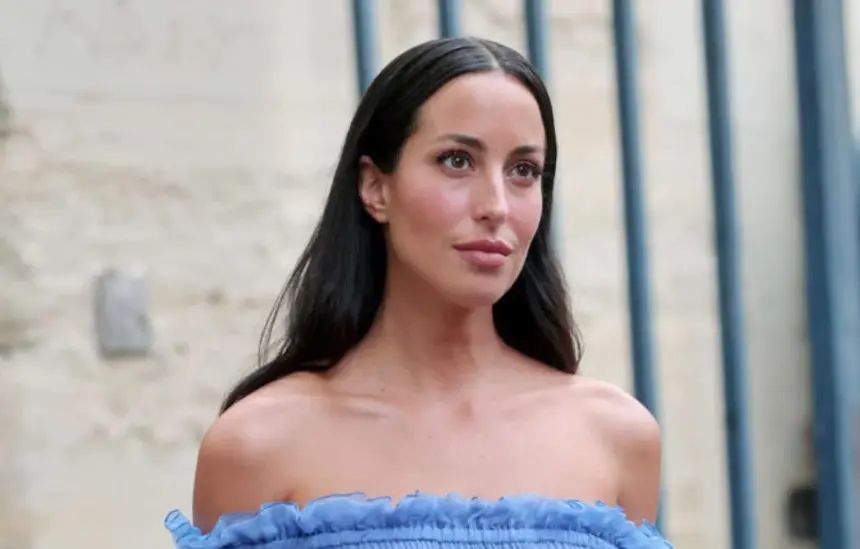 Ines de Ramon in a sheer blue off-the-shoulder gown at Chloé's Paris Fashion Week show