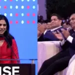 Prithvi stands beside Isha Ambani as she speaks at the Jio Platforms listing ceremony
