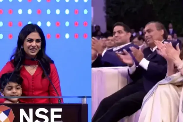 Prithvi stands beside Isha Ambani as she speaks at the Jio Platforms listing ceremony