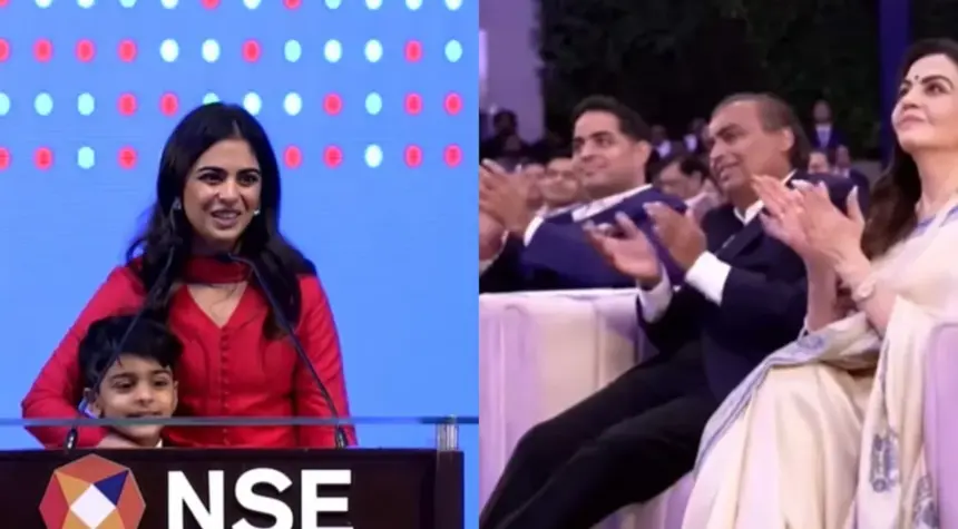 Prithvi stands beside Isha Ambani as she speaks at the Jio Platforms listing ceremony