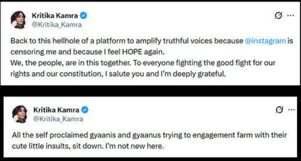 hunterfly Kritika Kamras posts on X Kritika Kamra Returns to X With a Message of Support