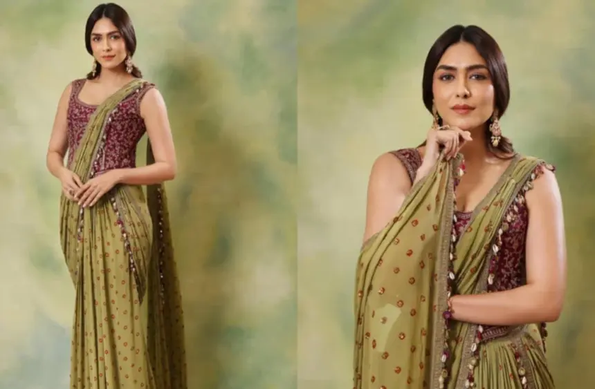 hunterfly Mrunal Thakur strikes a beautiful balance Mrunal Thakur wearing an olive green saree with an embroidered burgundy blouse