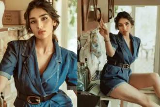 hunterfly Scre026 10 07 125211 Woman wearing a chic structured denim jumpsuit