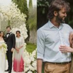 Anjana Arjun and Isaiah Nutter in pastel wedding attire at their Tuscany ceremony