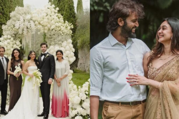 Anjana Arjun and Isaiah Nutter in pastel wedding attire at their Tuscany ceremony