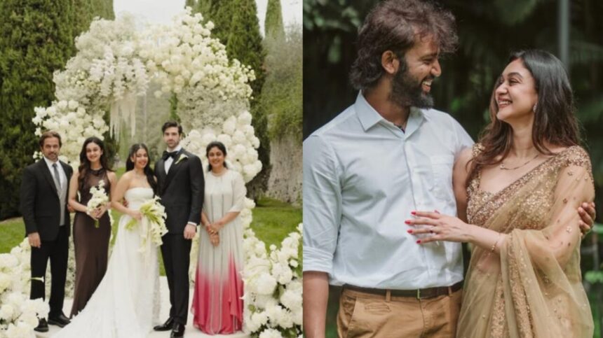 Anjana Arjun and Isaiah Nutter in pastel wedding attire at their Tuscany ceremony