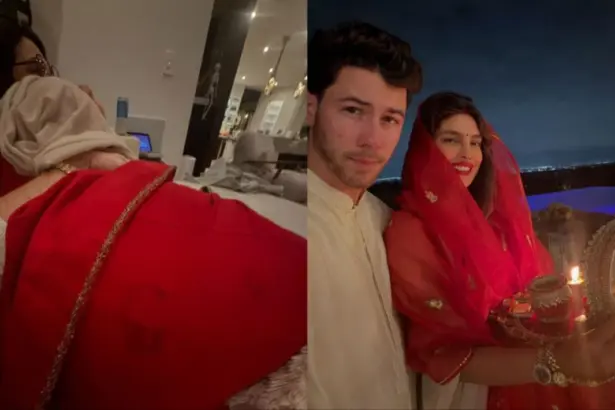 Priyanka Chopra and Nick Jonas pose together during their Karwa Chauth celebration