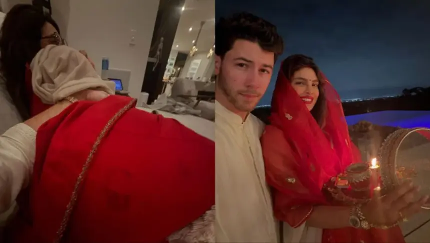Priyanka Chopra and Nick Jonas pose together during their Karwa Chauth celebration