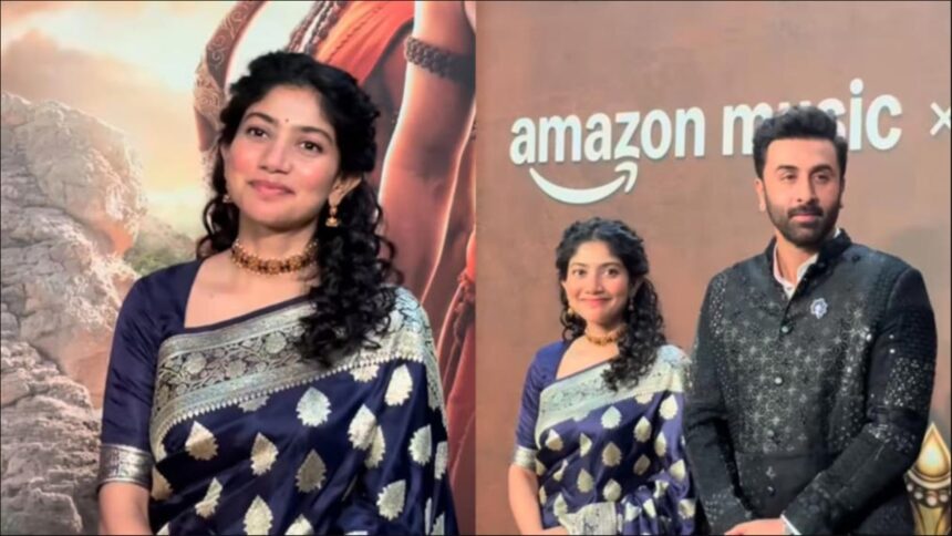 hunterfly sai pallavi navy blue saree ramayana chennai Sai Pallavi wearing a navy blue silk saree with silver detailing at the Ramayana music event in Chennai
